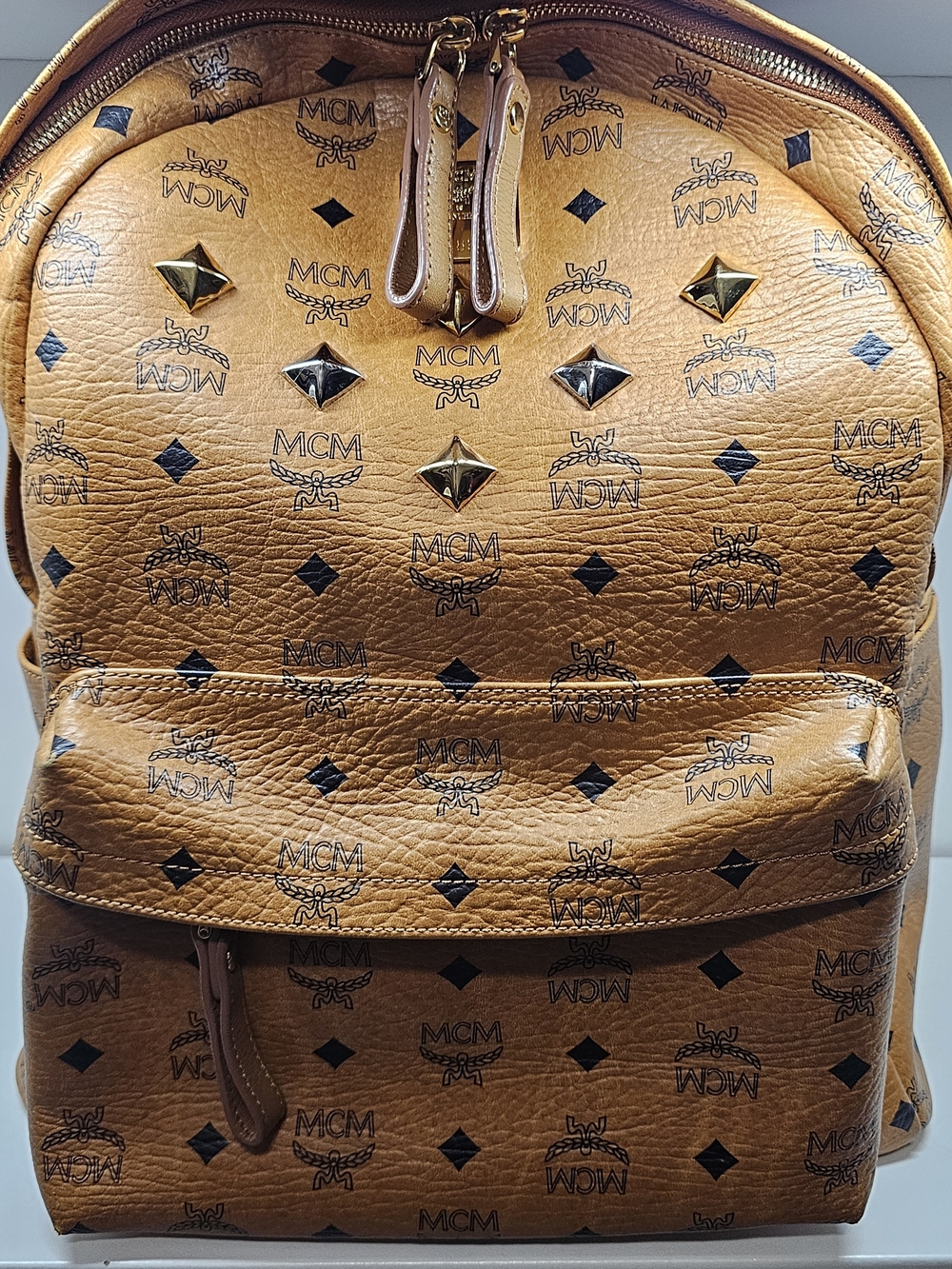 MCM Cognac Visetos Logo Studded Backpack